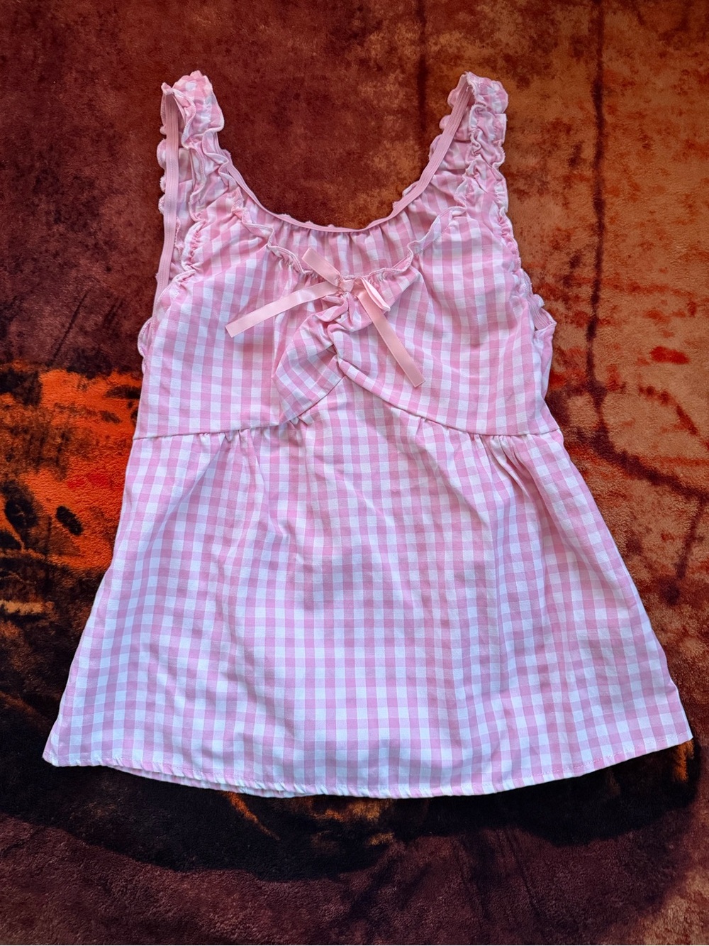 SHEIN Pink Gingham Ruffle Bow Tank Top